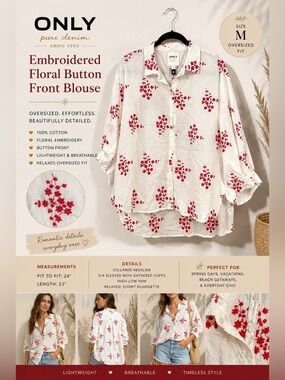 ONLY White Embroidered Floral Button Front Blouse Top Oversized Medium